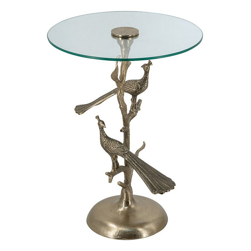 Столик с круглой стеклянной столешницей и корпусом в виде двух павлинов на ветке Table Two Peacocks Золотой Прозрачный в Костроме | Loft Concept 
