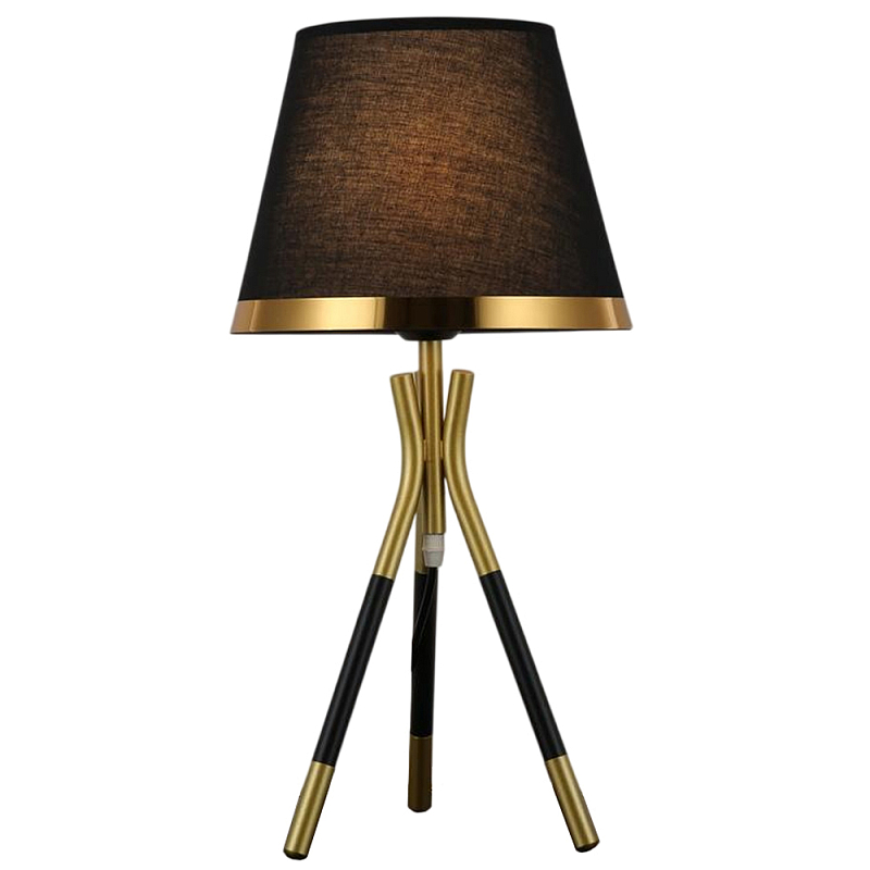 Настольная лампа с коричневым тканевым абажуром Black Tripod Черный Золотой Коричневый в Костроме | Loft Concept 