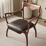 Стул деревянный с мягким сиденьем из коричневой натуральной кожи Moon Walnut Furniture варинант исполнения - 5 | Loft Concept в Костроме