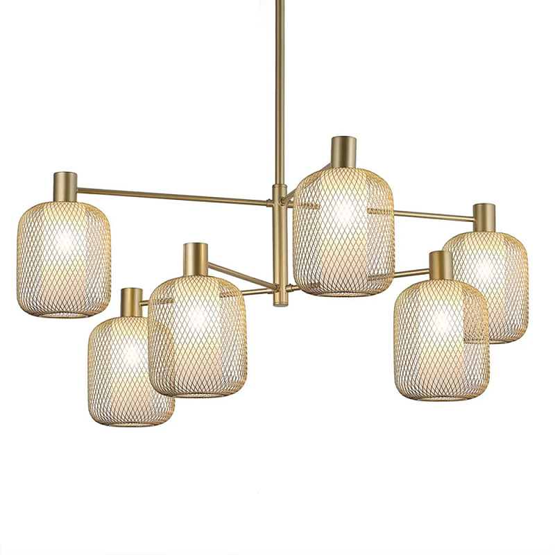 Люстра потолочная с абажурами из металлической сетки Loft Grid Pendant Gold Черный Золотой в Костроме | Loft Concept 