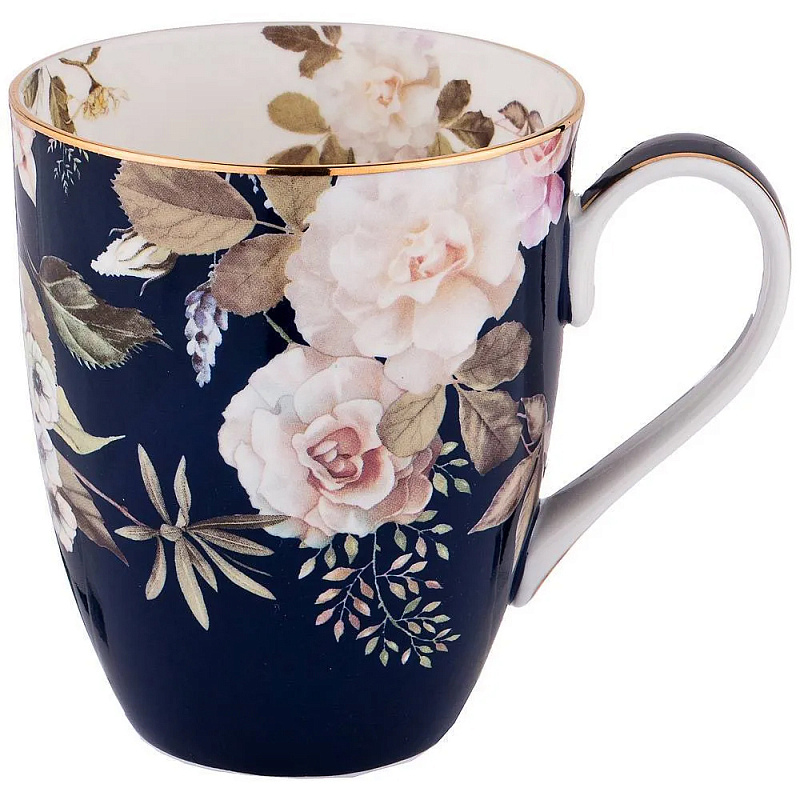 Кружка синяя из фарфора с рисунком цветов 400 мл Garden Whisper Porcelain Set Белый Мульти Темно-синий Кружка синяя из фарфора с рисунком цветов 400 мл Garden Whisper Porcelain Set Белый Мульти Темно-синий в Костроме | Loft Concept