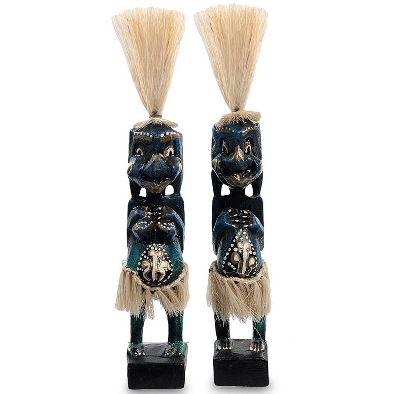 Комплект из 2-х деревянных статуэток Asmat Straw Headdress Statuettes Dark Blue Темно-синий Бирюзовый Черный Бежевый Комплект из 2-х деревянных статуэток Asmat Straw Headdress Statuettes Dark Blue Темно-синий Бирюзовый Черный Бежевый в Костроме | Loft Concept