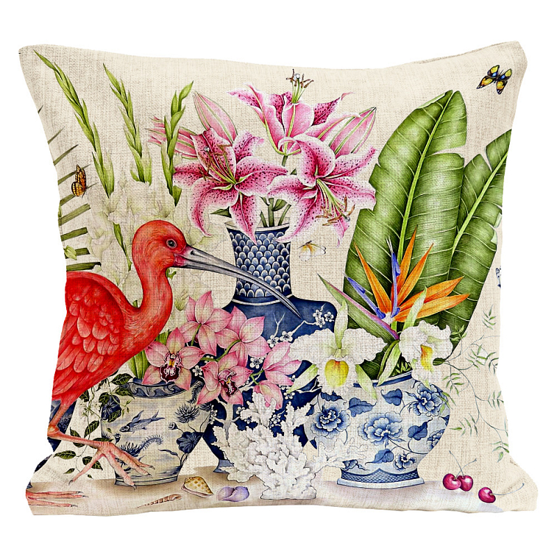 Декоративная подушка Flowers and Scarlet Ibis Pillow Мульти Бежевый Декоративная подушка Flowers and Scarlet Ibis Pillow Мульти Бежевый в Костроме | Loft Concept
