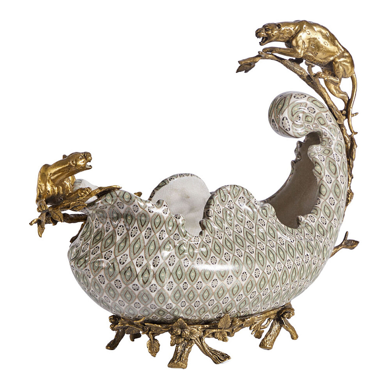 Чаша для фруктов из фарфора бронзовыми фигурками леопардов Eden Garden Мульти Бронза в Костроме | Loft Concept 