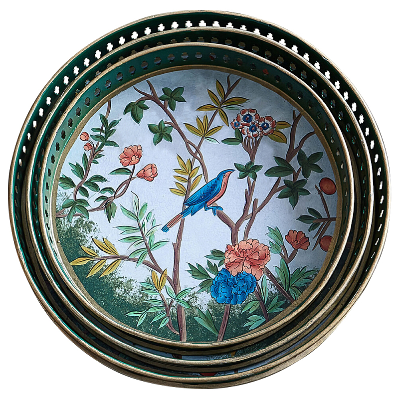 Комплект из 3-х подносов из металла в стиле Шинуазри Chinoiserie Flower Мульти Комплект из 3-х подносов из металла в стиле Шинуазри Chinoiserie Flower Мульти в Костроме | Loft Concept