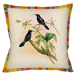 Декоративная подушка бежевая в разноцветную полоску с изображением птиц и цветов Blooming Birds Colorful Cushion варинант исполнения - 12 | Loft Concept в Костроме