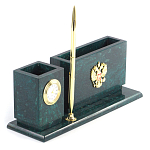 Настольный письменный набор с гербом России и часами из природного камня змеевик Successful Leader варинант исполнения - 2 | Loft Concept в Костроме