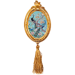 Картина с изображением павлинов в саду в овальной позолоченной раме с кисточкой Chinoiserie Imperial Garden Peacocks on a Tree Poster варинант исполнения - 2 | Loft Concept в Костроме