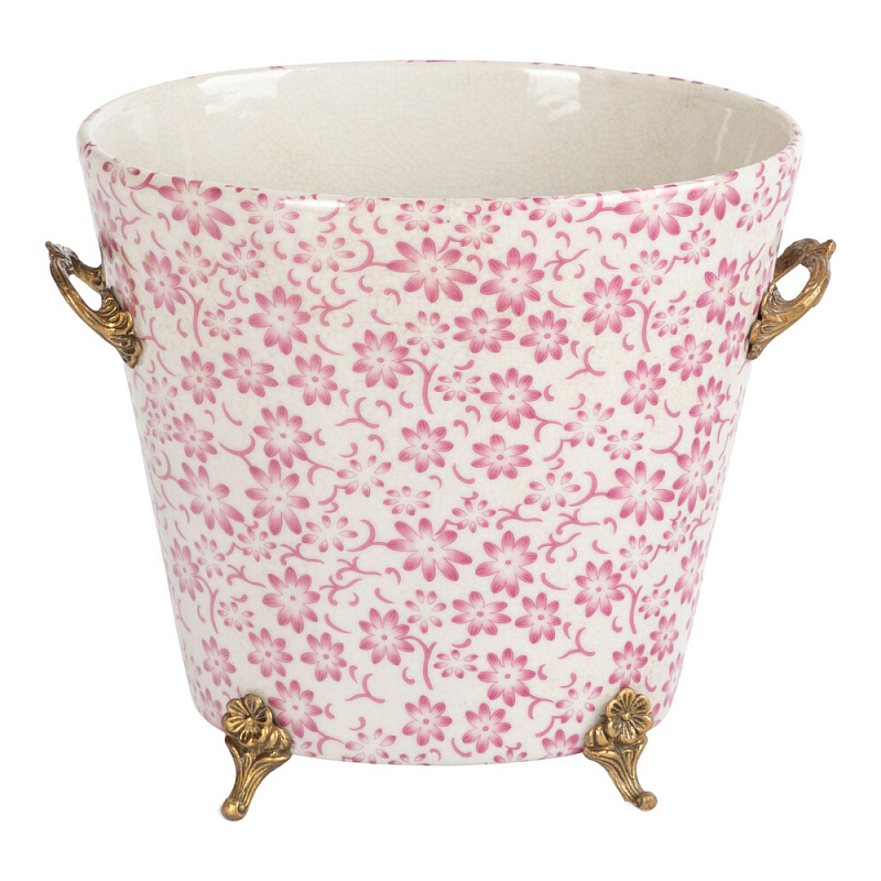 Кашпо из белого фарфора с розовым цветочным орнаментом Eden Garden Розовый Белый Бронза в Костроме | Loft Concept 