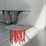 Дизайнерский журнальный стол с круглой прозрачной столешницей и основанием в виде красных металлических тросов Wires варинант исполнения - 2 | Loft Concept в Костроме