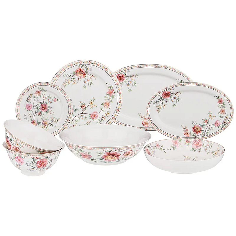 Сервиз обеденный из фарфора 23 предмета Flower Porcelain Collection Белый Красный Зеленый Сервиз обеденный из фарфора 23 предмета Flower Porcelain Collection Белый Красный Зеленый в Костроме | Loft Concept