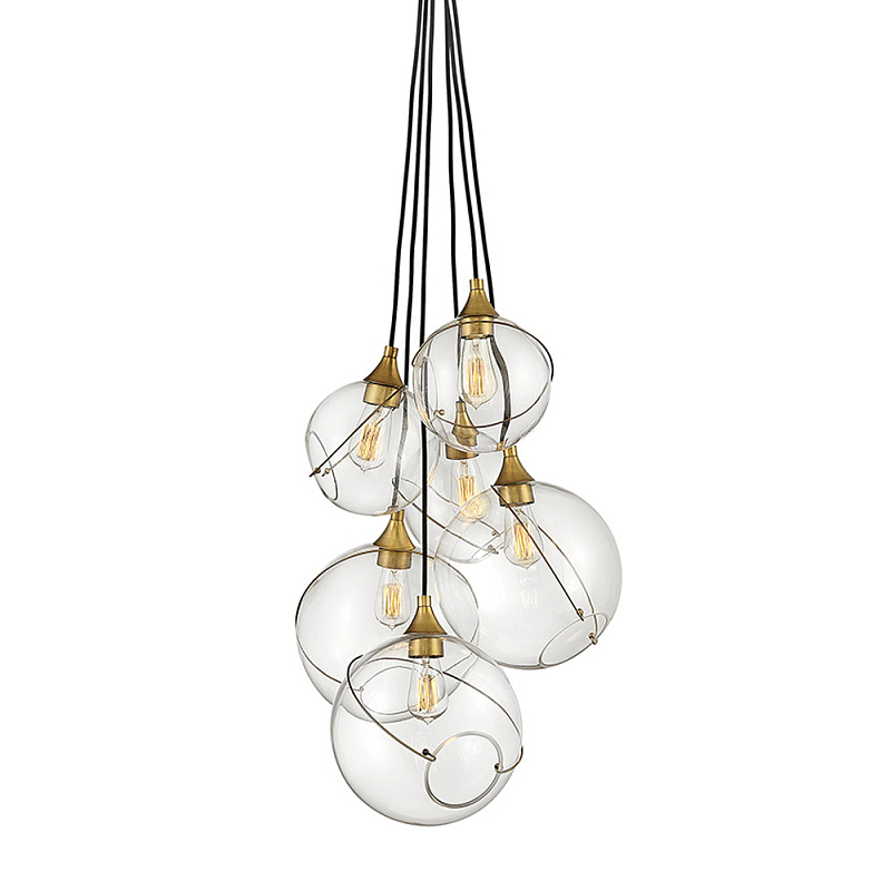Подвесной светильник с шестью прозрачными стеклянными шарообразными плафонами Hinkley Латунь Прозрачное Стекло в Костроме | Loft Concept 