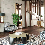 Дизайнерский журнальный стол округлой формы чёрный с золотой столешницей Fufem варинант исполнения - 3 | Loft Concept в Костроме