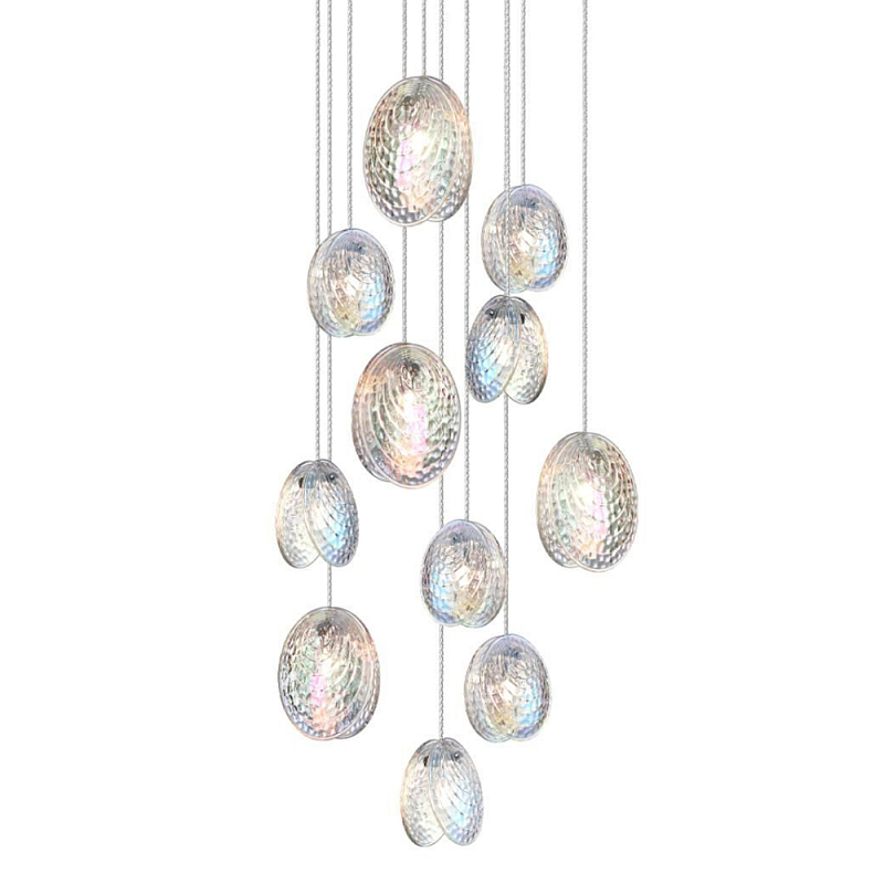 Люстра каскадная с 11-ю круглыми плафонами из рельефного стекла Disc Light Черный Прозрачный Перламутровый в Костроме | Loft Concept 