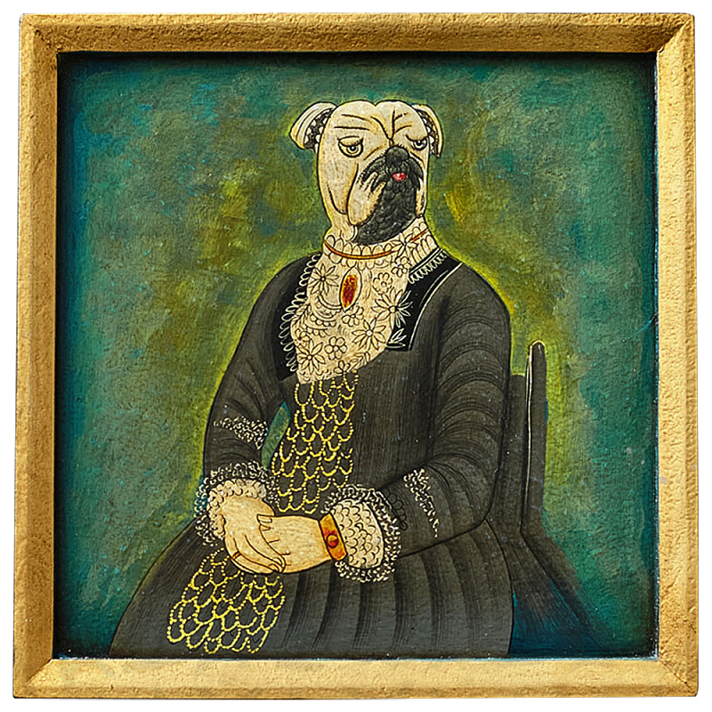 Картина в квадратной раме Chinoiserie Mops Dog Green Portrait Зеленый Бирюзовый Золотой Серый Мульти Картина в квадратной раме Chinoiserie Mops Dog Green Portrait Зеленый Бирюзовый Золотой Серый Мульти в Костроме | Loft Concept