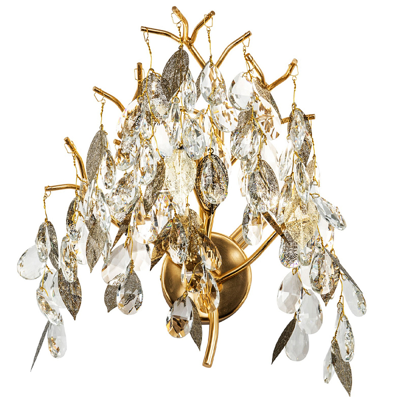 Бра с хрустальными подвесками и металлическими в виде листьев Fairytree Light Sconce Прозрачное Стекло Золотой Бра с хрустальными подвесками и металлическими в виде листьев Fairytree Light Sconce Прозрачное Стекло Золотой в Костроме | Loft Concept