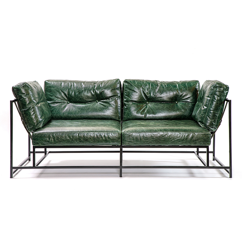 Диван Лофт Натуральная Винтажная кожа Зеленый Two Seat Encounter Leather Sofa Изумрудный Черный в Костроме | Loft Concept 