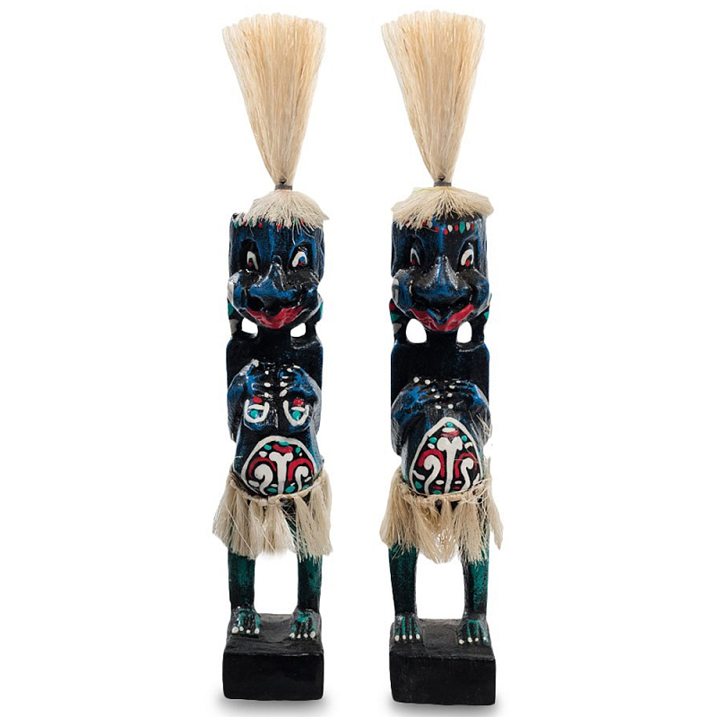 Комплект из 2-х деревянных статуэток Asmat Straw Headdress Statuettes Blue Red Черный Синий Красный Бежевый Мульти Комплект из 2-х деревянных статуэток Asmat Straw Headdress Statuettes Blue Red Черный Синий Красный Бежевый Мульти в Костроме | Loft Concept