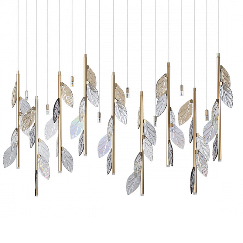 Люстра с золотистыми трубками и прозрачными стеклянными листьями на подвесах Sylva  матовое золото Дымчатый (Smoke) Прозрачное Стекло в Костроме | Loft Concept 