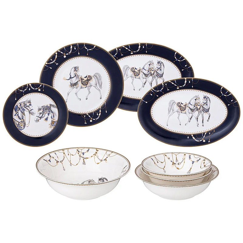Сервиз обеденный из фарфора с изображением лошадей на 6 персон 23 предмета Porcelain Horse Set Белый Синий Сервиз обеденный из фарфора с изображением лошадей на 6 персон 23 предмета Porcelain Horse Set Белый Синий в Костроме | Loft Concept