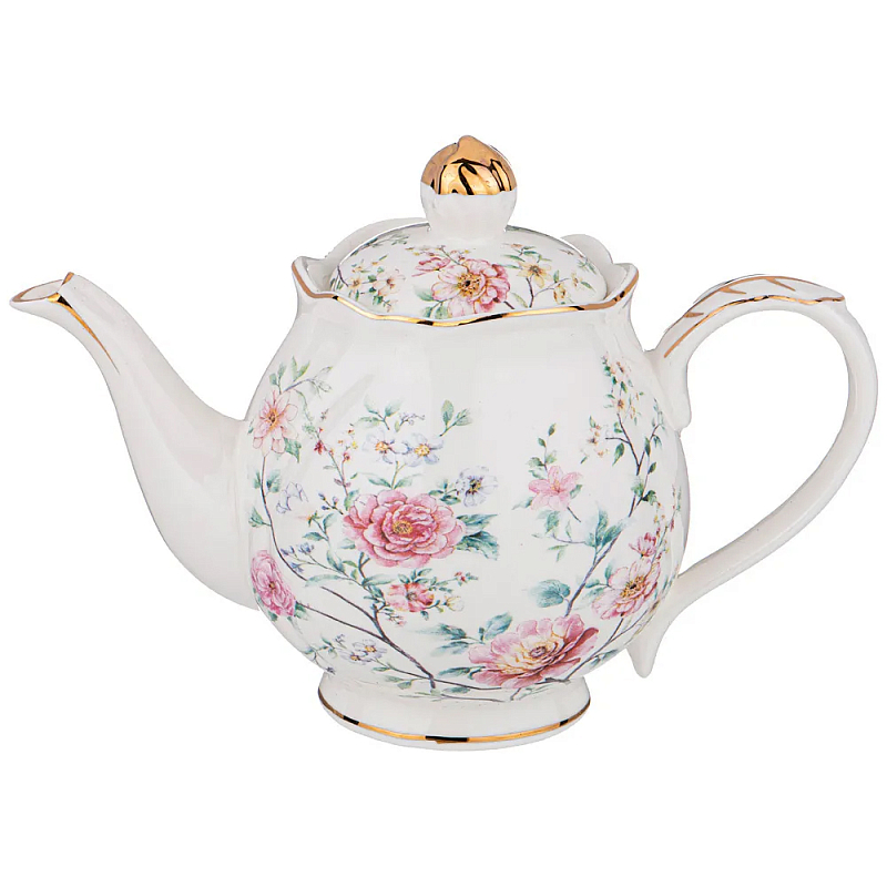 Чайник из фарфора белый с цветочным принтом Flower Porcelain Collection Белый Мульти Чайник из фарфора белый с цветочным принтом Flower Porcelain Collection Белый Мульти в Костроме | Loft Concept