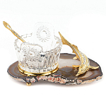 Икорница с ложкой с декором "Кадушка" с гравировкой на подставке из натурального камня Агат Decorative Cavair Dishes варинант исполнения - 1 | Loft Concept в Костроме
