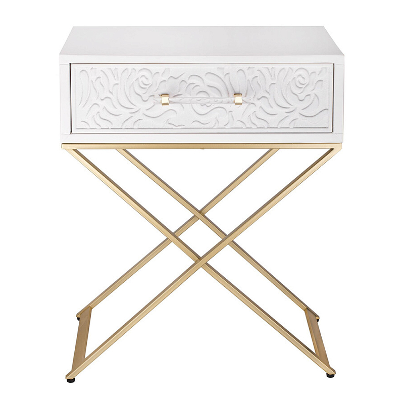 Приставной столик с выдвижным ящиком  White Table Carved Pattern Белый Золотой в Костроме | Loft Concept 