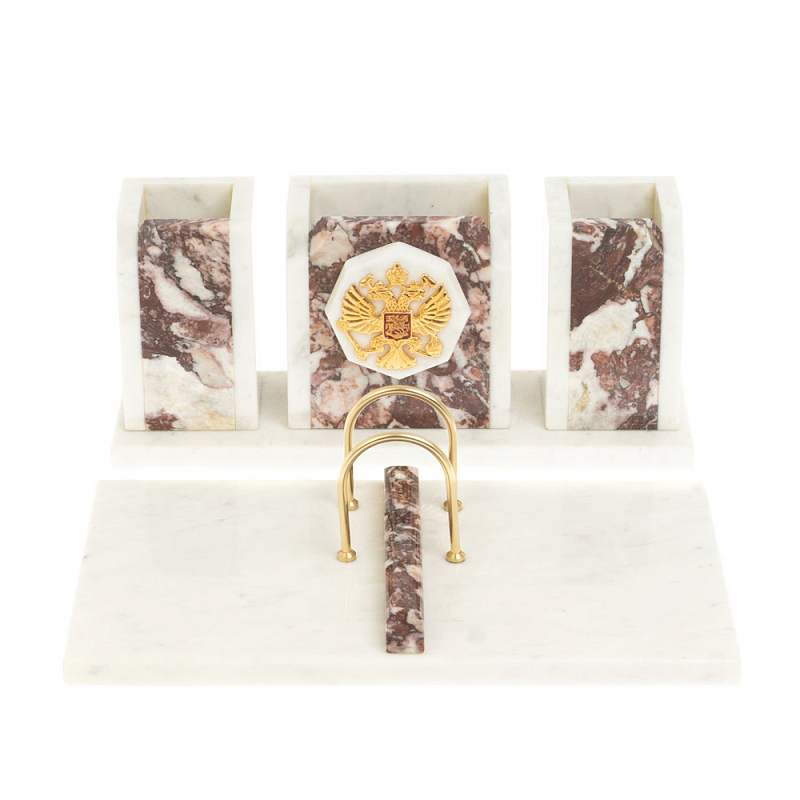 Настольный письменный набор из мрамора и креноида с гербом России Marble Accessory Белый Золотой Креноид Настольный письменный набор из мрамора и креноида с гербом России Marble Accessory Белый Золотой Креноид в Костроме | Loft Concept