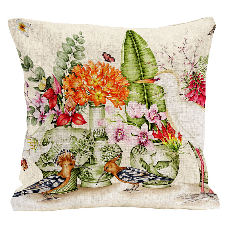 Декоративная подушка Hoopoes and Flowers Pillow Мульти Бежевый Декоративная подушка Hoopoes and Flowers Pillow Мульти Бежевый в Костроме | Loft Concept