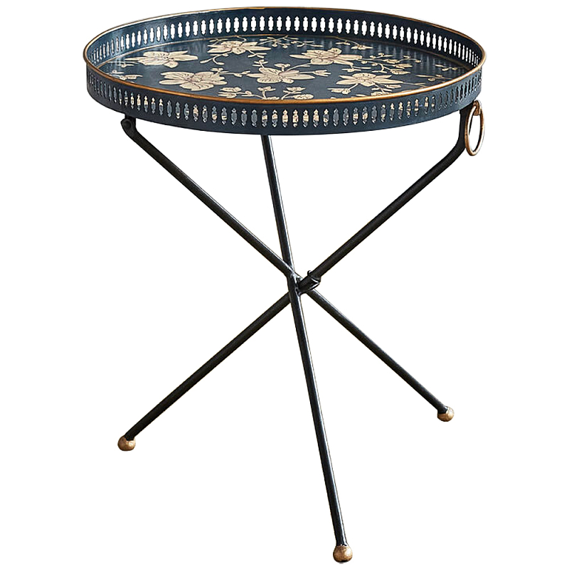 Круглый приставной столик складной Chinoiserie Garden Blue Side Table Синий Бежевый Латунь Круглый приставной столик складной Chinoiserie Garden Blue Side Table Синий Бежевый Латунь в Костроме | Loft Concept