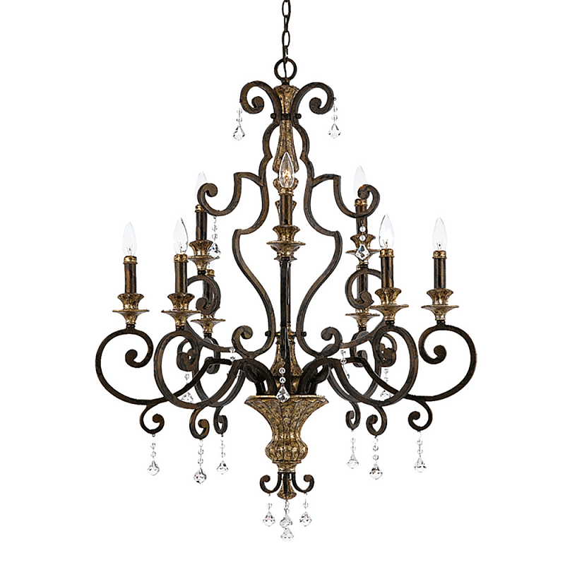 Люстра с подвесками из прозрачного стекла на кованом каркасе бронзового цвета в классическом стиле Quoizel Бронза Прозрачное Стекло Золотой в Костроме | Loft Concept 