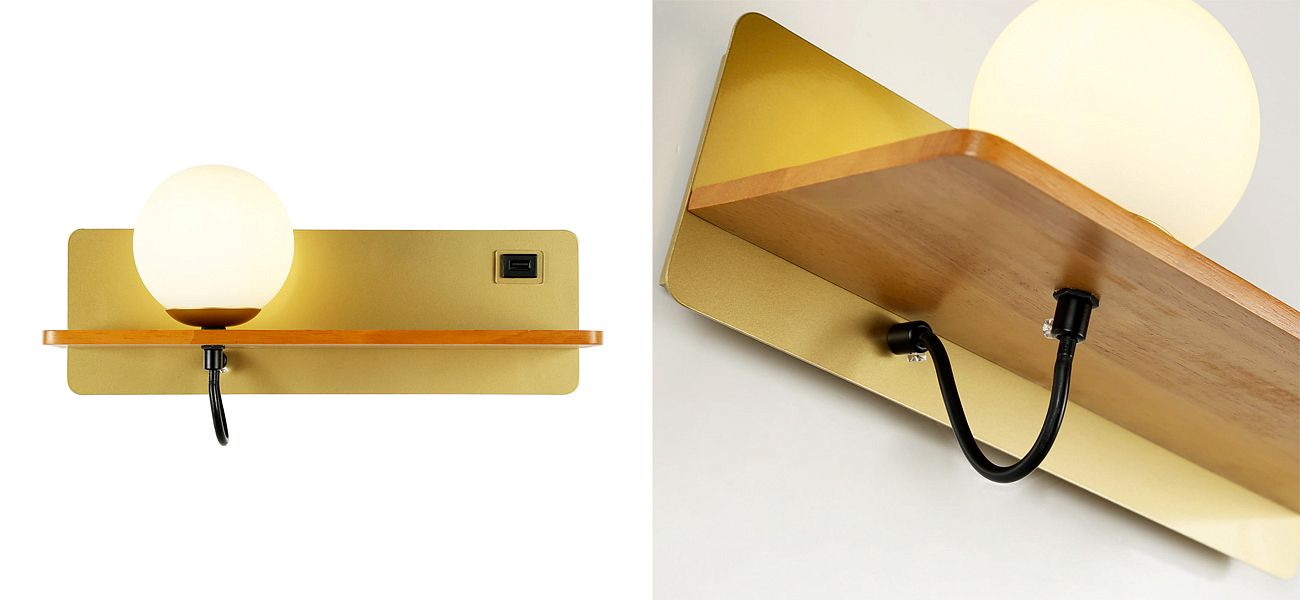 Бра с полкой Gold GAVIN WOOD USB Бра с полкой Gold GAVIN WOOD USB - Loft-Concept в Костроме