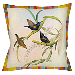 Декоративная подушка бежевая в разноцветную полоску с изображением птиц и цветов Blooming Birds Colorful Cushion варинант исполнения - 8 | Loft Concept в Костроме