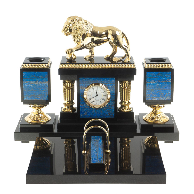 Настольный письменный набор из лазурита с декором в виде льва Golden Lion Лазурь Бронза Настольный письменный набор из лазурита с декором в виде льва Golden Lion Лазурь Бронза в Костроме | Loft Concept