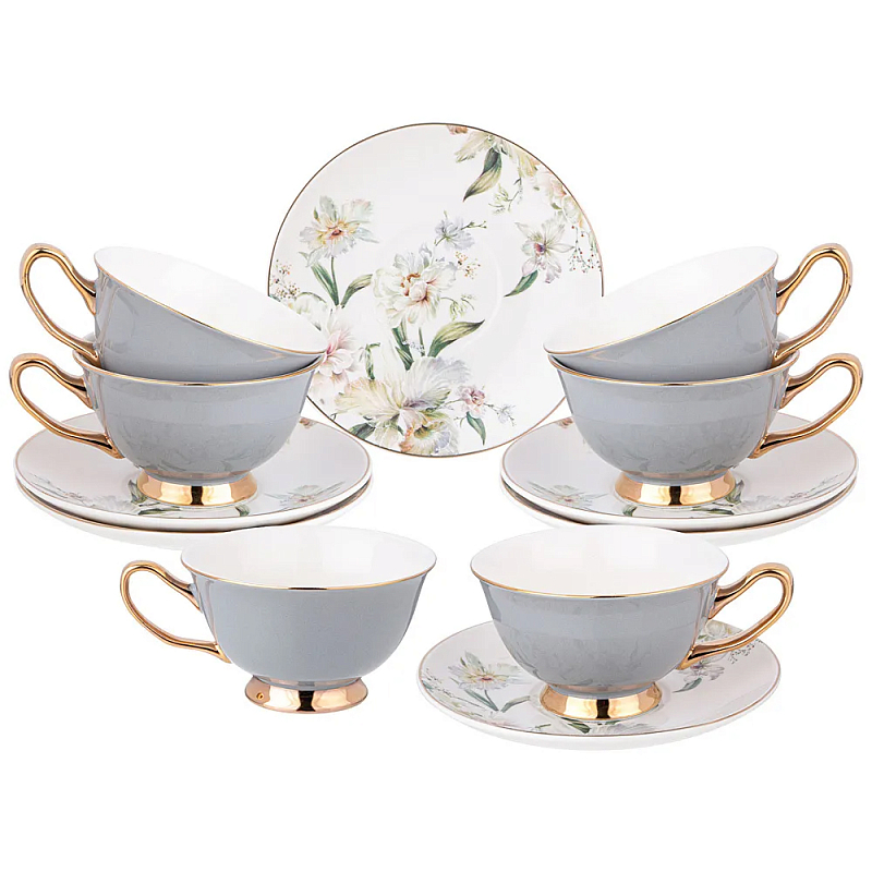 Чайный набор из фарфора на 6 персон Grey Tea Porcelain Set Белый Золотой Серый Чайный набор из фарфора на 6 персон Grey Tea Porcelain Set Белый Золотой Серый в Костроме | Loft Concept