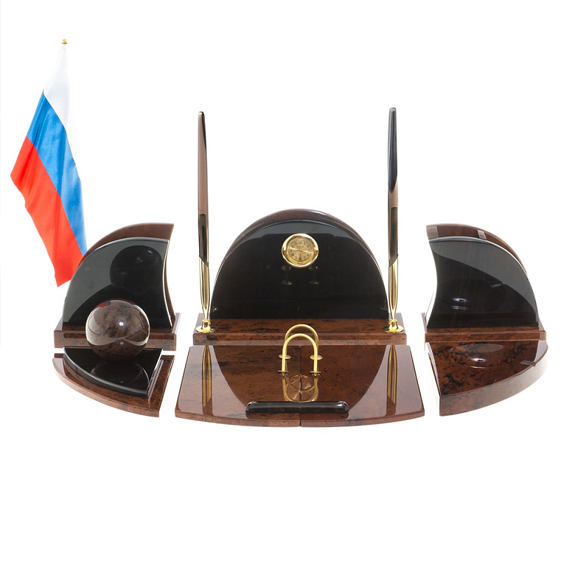 Настольный письменный набор с часами из природного камня обсидиана Oval Office Коричневый Бронза Настольный письменный набор с часами из природного камня обсидиана Oval Office Коричневый Бронза в Костроме | Loft Concept