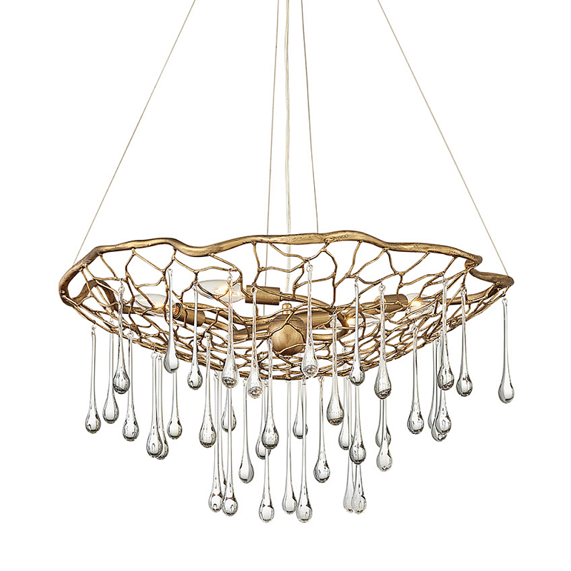 Люстра подвесная золотого цвета с металлическим сетчатым основанием и стеклянными каплевидными подвесками Hinkley Золотой Прозрачное Стекло в Костроме | Loft Concept 