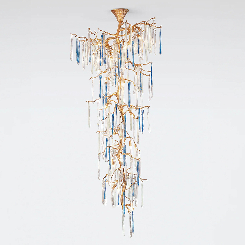 Люстра каскадная с прозрачными и голубыми подвесками в форме капель Droplet Chandelier Золотой Прозрачный Голубой Люстра каскадная с прозрачными и голубыми подвесками в форме капель Droplet Chandelier Золотой Прозрачный Голубой в Костроме | Loft Concept