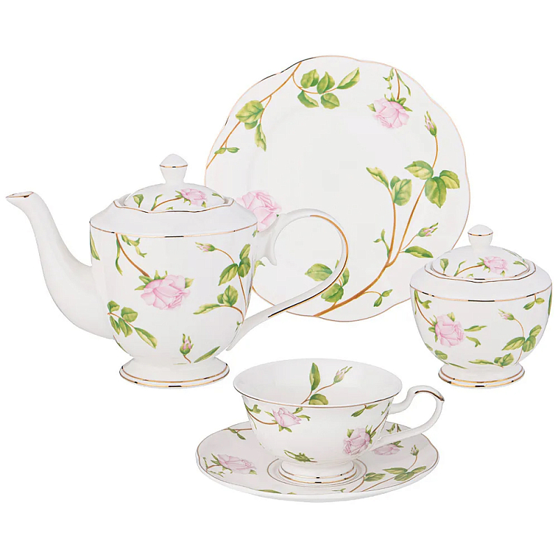 Чайный сервиз из фарфора белый с цветочным принтом на 6 персон 20 предметов Flower Porcelain Collection Белый Мульти Чайный сервиз из фарфора белый с цветочным принтом на 6 персон 20 предметов Flower Porcelain Collection Белый Мульти в Костроме | Loft Concept