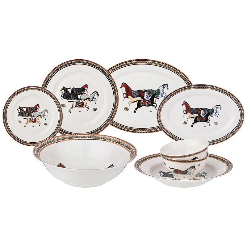 Сервиз обеденный из фарфора с изображением лошадей на 6 персон 23 предмета Porcelain Horse Set Белый Мульти Сервиз обеденный из фарфора с изображением лошадей на 6 персон 23 предмета Porcelain Horse Set Белый Мульти в Костроме | Loft Concept