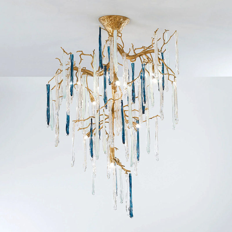 Люстра с прозрачными и голубыми подвесками в форме капель Droplet Chandelier Золотой Прозрачный Синий Люстра с прозрачными и голубыми подвесками в форме капель Droplet Chandelier Золотой Прозрачный Синий в Костроме | Loft Concept