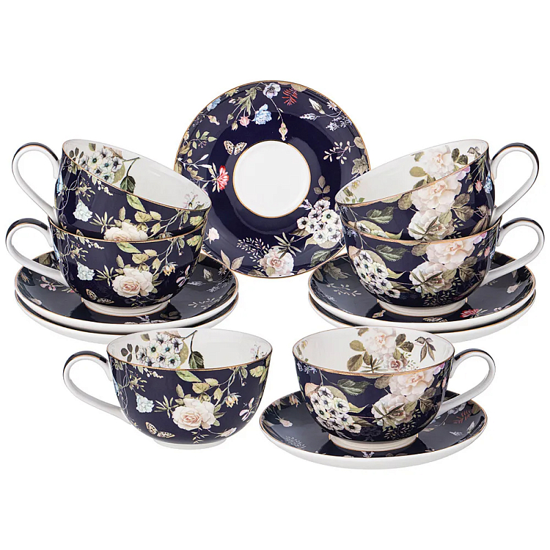 Чайный набор из фарфора темно-синий с рисунком цветов 300 мл Garden Whisper Porcelain Set Белый Темно-синий Мульти Чайный набор из фарфора темно-синий с рисунком цветов 300 мл Garden Whisper Porcelain Set Белый Темно-синий Мульти в Костроме | Loft Concept