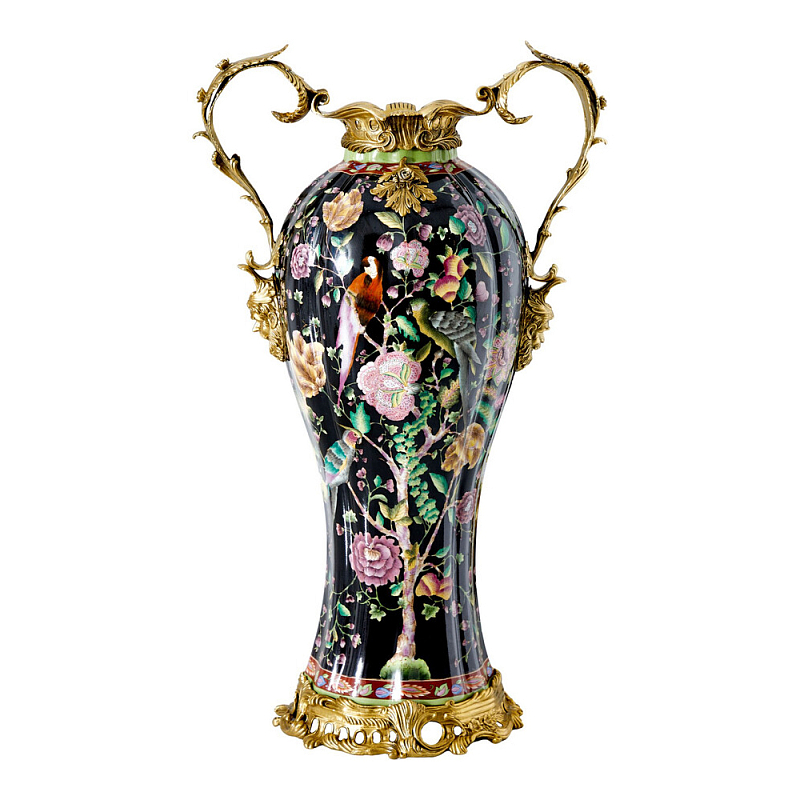 Ваза из фарфора черная с цветочной росписью и бронзовыми элементами Spring Garden Бронза Мульти Черный в Костроме | Loft Concept 