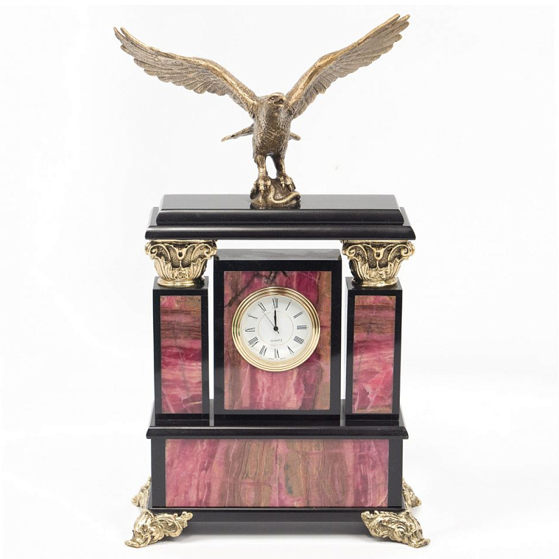 Часы настольные из родонита и бронзы с декором в виде орла Eagle Stone Clock Розовый Бронза Черный Часы настольные из родонита и бронзы с декором в виде орла Eagle Stone Clock Розовый Бронза Черный в Костроме | Loft Concept