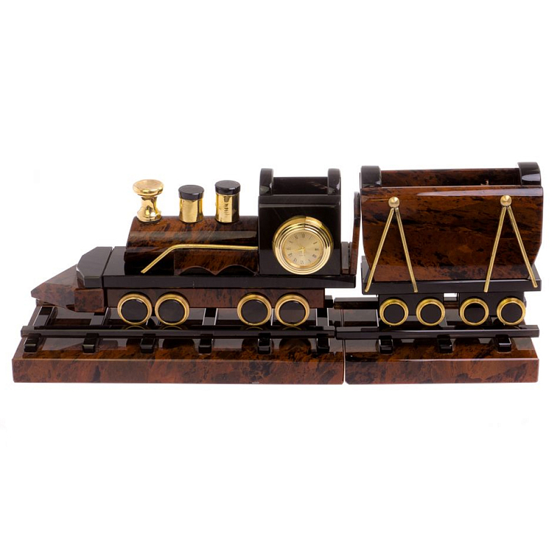 Часы настольные в виде паровоза из натурального камня Обсидиан Train Stone Clock Коричневый Золотой Часы настольные в виде паровоза из натурального камня Обсидиан Train Stone Clock Коричневый Золотой в Костроме | Loft Concept