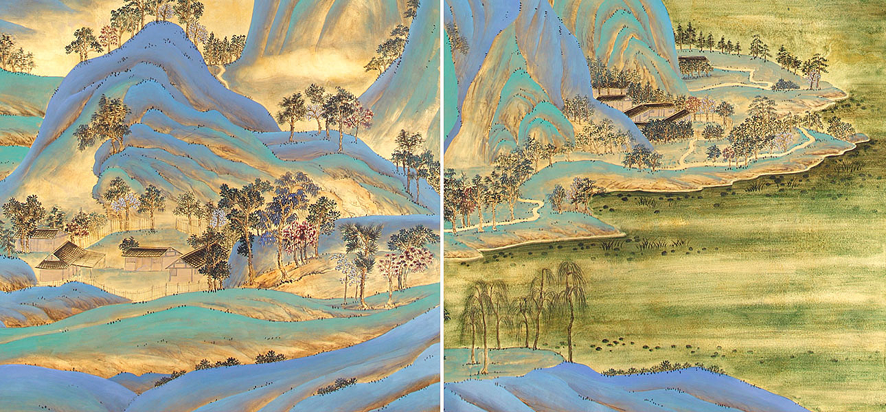 Обои ручная роспись A Thousand Li of Rivers and Mountains Original colourway on Deep Rich Gold gilded paper with gold pearlescent antiquing Обои ручная роспись A Thousand Li of Rivers and Mountains Original colourway on Deep Rich Gold gilded paper with gold pearlescent antiquing - Loft-Concept в Костроме