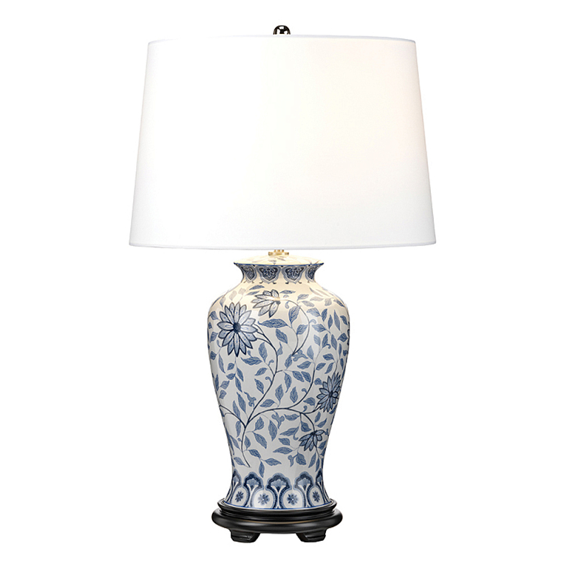 Настольная лампа с керамическим основанием в белом цвете с синим цветочным орнаментом на темной деревянной подставке и тканевым абажуром Elstead Lighting Белый Синий Черный в Костроме | Loft Concept 