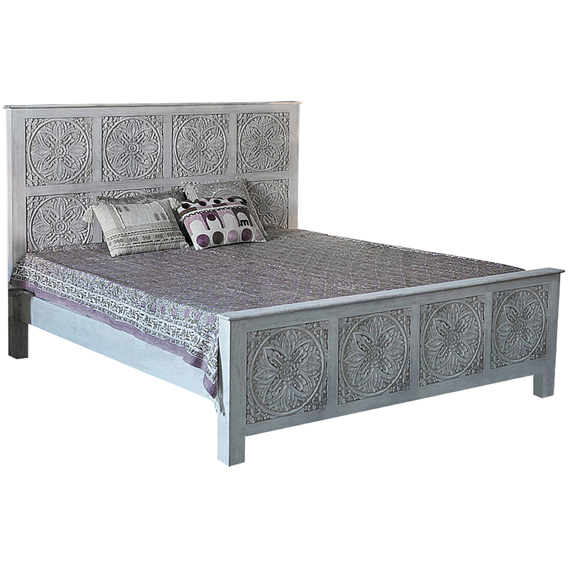 Двуспальная кровать из массива манго с резьбой Floro Grey Mango Bed Бежевый Двуспальная кровать из массива манго с резьбой Floro Grey Mango Bed Бежевый в Костроме | Loft Concept