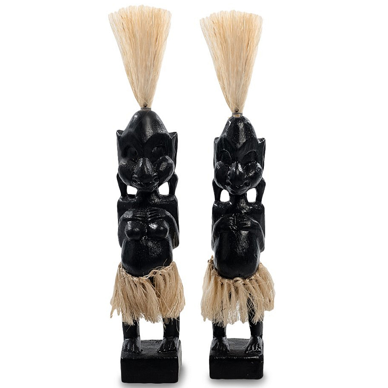 Комплект из 2-х деревянных статуэток Asmat Straw Headdress Statuettes Black Черный Бежевый Комплект из 2-х деревянных статуэток Asmat Straw Headdress Statuettes Black Черный Бежевый в Костроме | Loft Concept