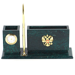 Настольный письменный набор с гербом России и часами из природного камня змеевик Successful Leader варинант исполнения - 1 | Loft Concept в Костроме